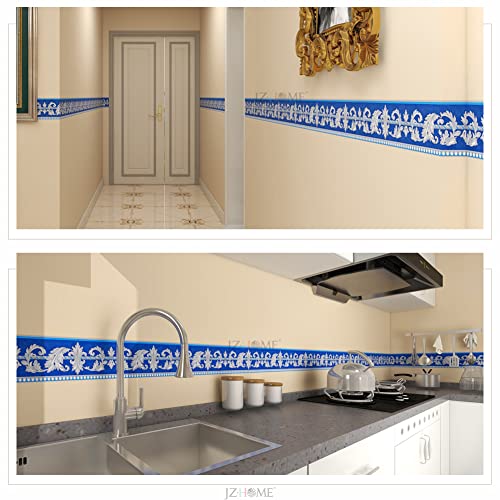 Jz·home 1101 Wallpaper Border Peel And Stick 3D Embossed Floral Wall Border 4.2" X16.4Ft Blue/Silver Self Adhesive Decorative Molding Easy To Apply For Kitchen Backsplash Tiles Sticker Home Decor #TOP1