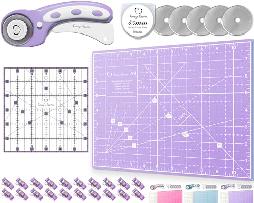 Honey's Heaven Rotary Cutter Set - 45mm Fabric Cutter, 5 Replacement Blades, A4 Cutting Mat, Acrylic...