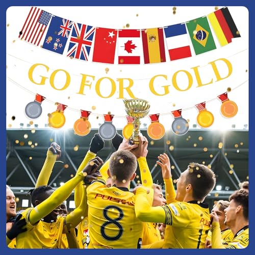 Image of GO FOR GOLD Banner Set and International Country Flags Bunting | Sports Themed Party Decoration,Olympic Sports Themed Decorations for Sports Party Bunting Supplies Decor