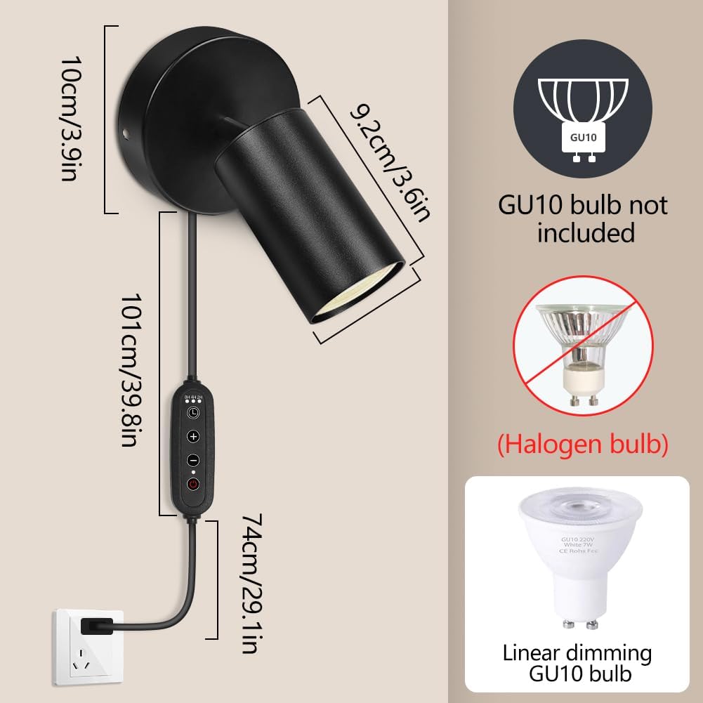 Diagram showing product dimensions and GU10 bulb compatibility