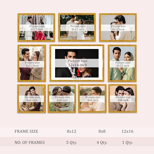 Image of Art Street Photo Frame Set of 10 Gold Wall Decor Collage Display Hanging Family Picture Frames Gallery Collection Decor Items Wall Mount Frames Birthday Anniversary, 8x8, 8x12 and 12x16 In