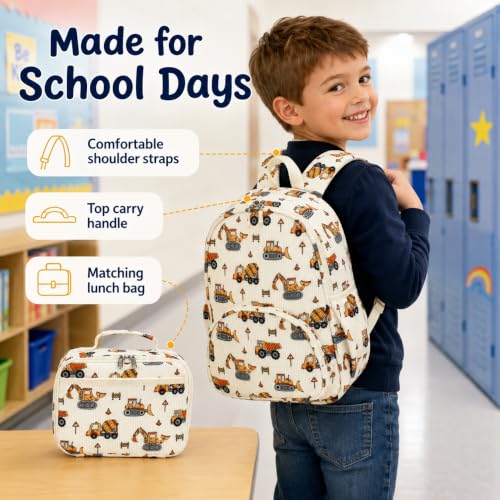 Image of LOIDOU Kids Backpack with Lunch Box Set, Toddler Preschool Boy Backpack with Chest Strap Kindergarten Backpack LunchBox Combo (Construction Car)