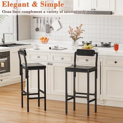 Set de 2 butacos para isla de cocina, butacos modernos de cuero sintético negro con respaldo, estilo industrial simple para cocina, comedor y bar en casa miniatura 6