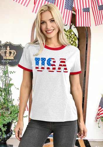 Image of Ithalt Women 4th of July Shirt Fourth of July Shirts USA Sequin Tshirt American Patriotic T-Shirt Stripes Tee Tops