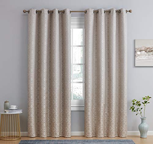Hlc.me Mia Moroccan Tile 100% Full Complete Blackout Heavy Thermal Insulated Energy Saving Heat/Cold Blocking Grommet Curtain Drapery Panels For Bedroom & Living Room, 2 Panels (52 W X 72 L, Beige) #TOP1