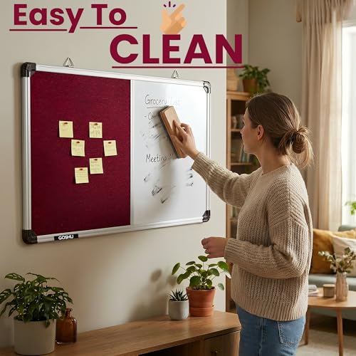 Image of GOSHU Combination 60 cm x41 cm Non Magnetic White Board with Maroon Pin-up Notice Board Includes 1 Duster, 1 Marker and 50 Push up pins for Home, Office & School (Maroon, 60x41 cm, Pack of 4 Items)
