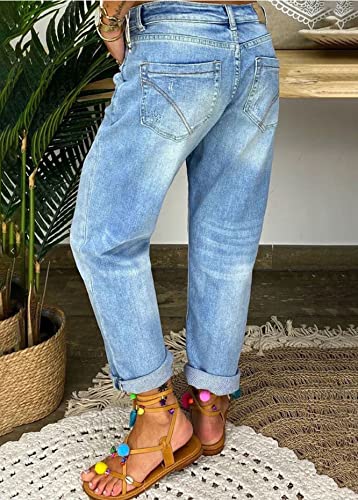 Akivide Women's High Waist Ripped Distressed Straight Leg Mom Jeans Casual Button Closure with Pockets3