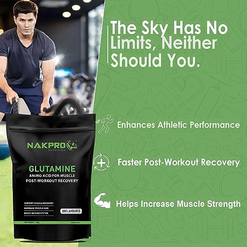 Image of Nakpro L-Glutamine Powder | 4g Glutamine Per Serving, 50 Servings | Post Workout Amino Acid Supplement for Muscle Growth and Recovery (Unflavoured, 250g)