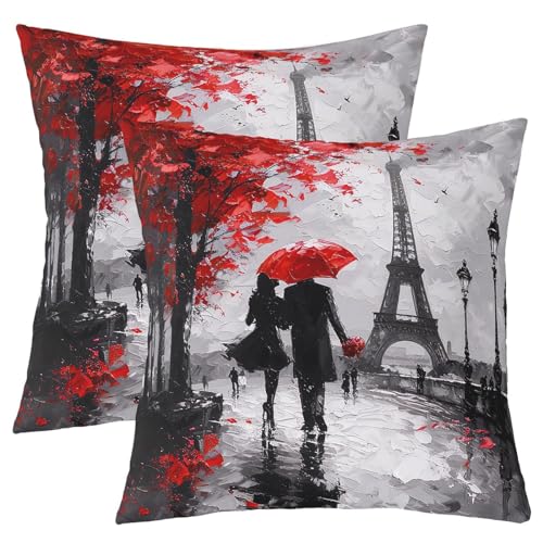 Homemissing Rouge Tour Eiffel Taies d'oreiller 60x60cm Valentine pour Couples Taie Oreiller pour L'amant des Filles Romantique Paris Lot De 2 Housses de...