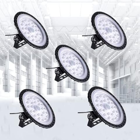 chunnuan UFO LED High Bay Lights 100W 5 Packs,50000LM 6500K Daylight High Bay LED Shop Lights,Waterproof High Bay Lighting,LED Shop Lights for Factory Warehouse Workshop Cover