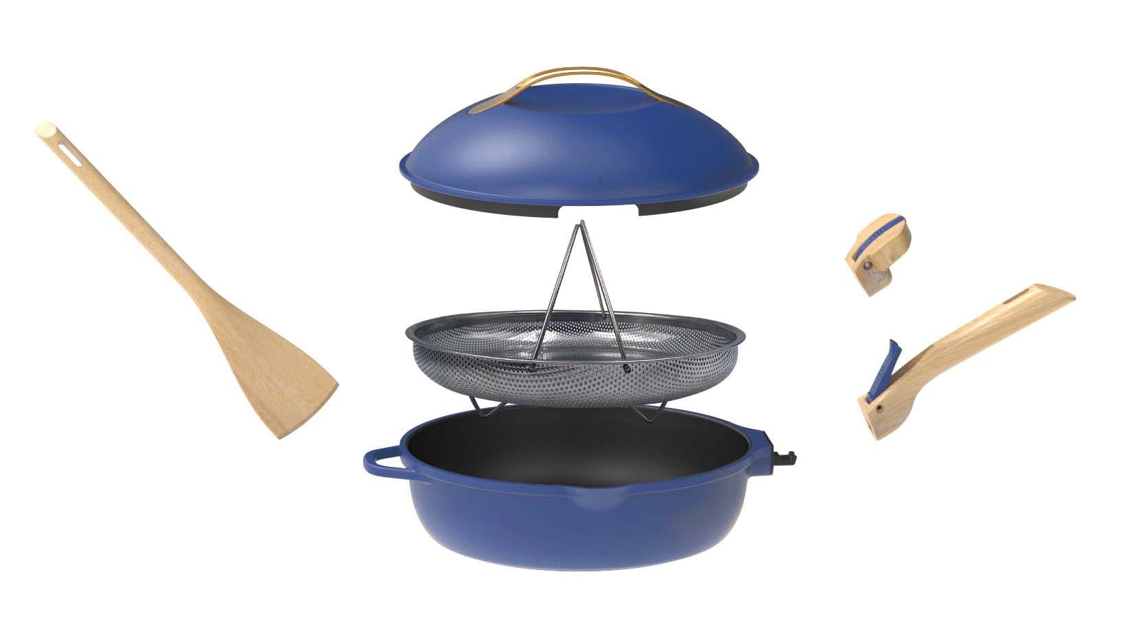 COOKUT - La Fabuleuse poêle 8 en 1 – Un seul ustensile qui remplace poêle, casserole, sauteuse - Avec 2 poignées amovibles, panier vapeur/friture, spatule en bois - SAPHIR
