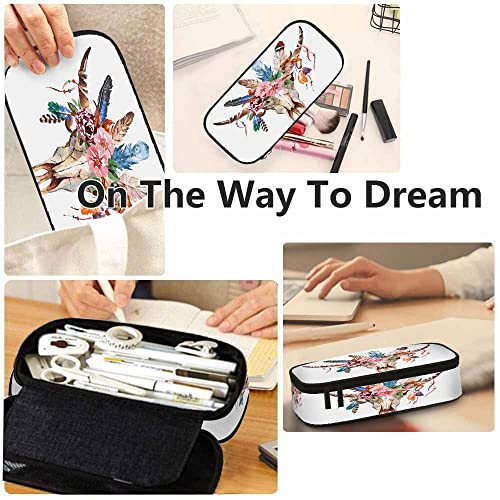 Image of Yekiua Bull's Head Pencil Case Watercolor Fashion Cow Skull Boho Peony Flowers Feathers Big Capacity Pencil Pouch Office College Makeup Bag Colorful