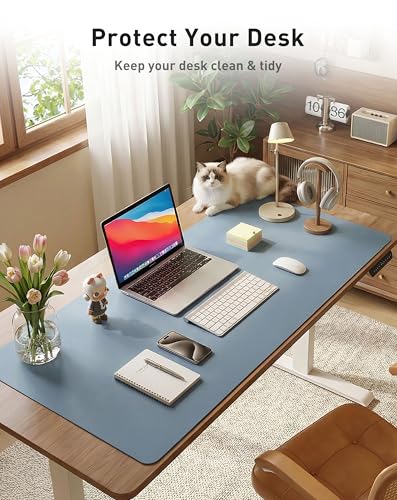 Image of Aothia Faux Leather Desk Mat - Large Mouse Pad, Non-Slip PU Leather Blotter, Waterproof Writing Surface for Office and Home (Denim Blue, 63 inch x 17 inch)