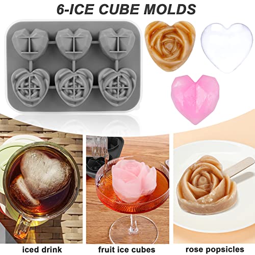 Ice Cube Tray,Mikiwon 2.5 Inch Silicone Large 3D Heart Rose Ice Molds And Heart Diamond Ice Molds With Covers,Cute Flower Ice Cube Molds For Whiskey, Cocktails And Homemade,Keep Drinks Chilled (Gray) #TOP3