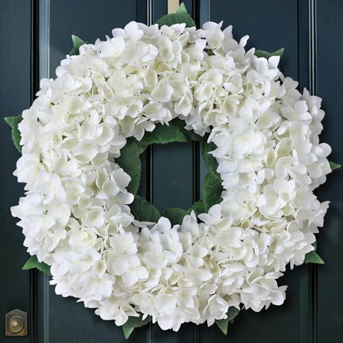 21 Artificial Hydrangea Flower Wreath for Front Door Decor (White)