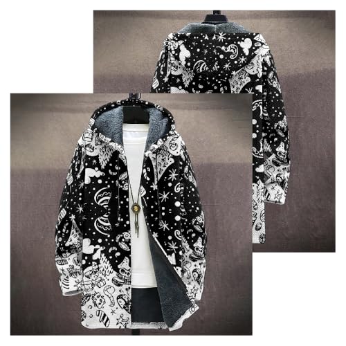 Ugly Christmas Mens Cardigan Sweater Retro Fall Sherpa Fleece-Lined Plus Size Long Sleeve Zip Up Long Sweater Heavy Warm Christmas Graphic Hoodedcoats With Pockets black, L2