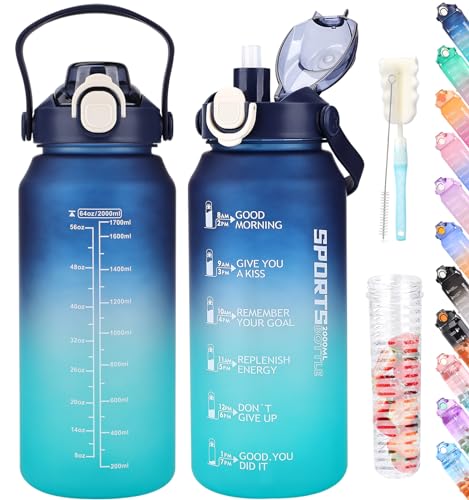 AOPREL Trinkflasche 2l, Wasserflasche mit Strohhalm & Früchtebehälter, Trinkflasche Sport Kohlensäure Geeignet, BPA Frei Auslaufsicher Sportflasche mit Zeitmarkierung für Fitness, Yoga und Outdoor