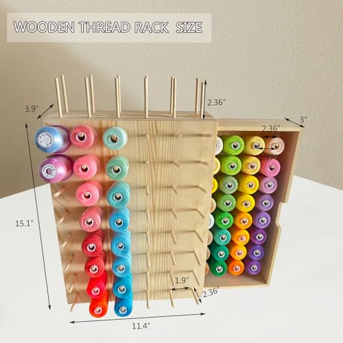 Image of 108-Spool Pine Wood Thread Holder with Side Drawer | Wall Mount & Tabletop, Extra Spool Storage, For Embroidery, Quilting, Jewelry, Natural Wood, DIY Assembly