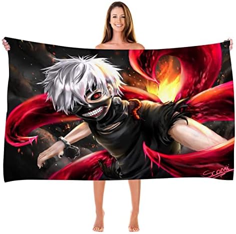 Bonamana Tokyo Ghoul Cartoon Rectangle Bath Towel Microfiber Anime Beach Towel for Kids Pool Towel Children Bath Sheet Soft Absorbent Bath Towel Yoga Mats Picnic Blanket Swimming Towel Daily Use Black