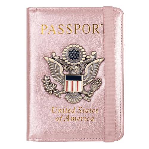 TOURSUIT RFID Blocking Passport Holder for Women Men Leather Passport Travel Wallet with Metal 3D Metal Badge Travel Document Holder Cover Accessories (Rose Gold)