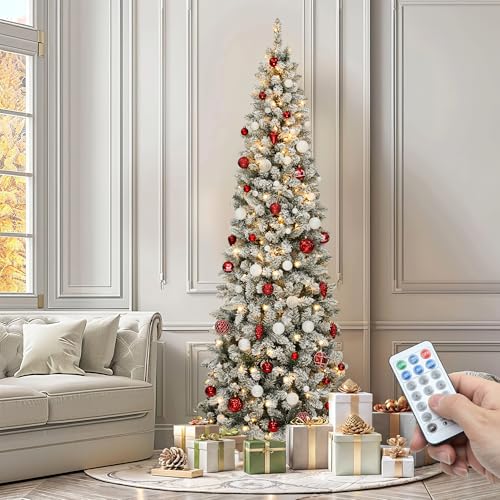 YITAHOME Pre-lit Snow Flocked Pencil Christmas Tree 7.5ft with Remote, Kingswood Fir, Hinged Artificial Slim Corner Xmas Tree for Home, Office, Party Decoration with 1000 Branch Tips and 350