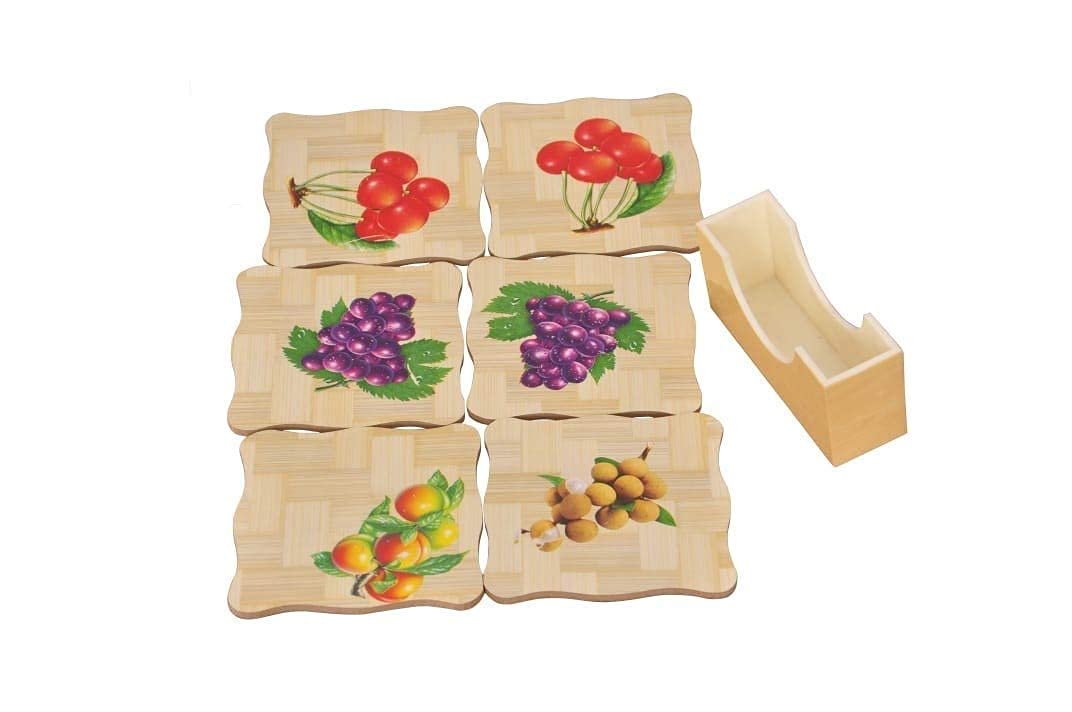 Kingsman store Wooden Bambo Drink Coasters Printed Fruit Design Wood Table Coaster Set of 6 for Tea Cups Coffee Mugs Beer Cans Bar Tumblers and Water Glasses