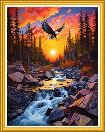 Image of DMCVIVR Stamped Cross Stitch Kits for Beginners Adults Needlepoint Kits for Beginners Embroidery Kits for Adults Crossstitch Kit for Beginners 11CT-Sunrise Scenery 16x20 inch