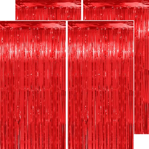 Image of Graduation Backdrop Decorations, Thicken Red Streamers 4 Pack 13.2x8.2 FT, Foil Fringe Tinsel Curtains for Birthday, Valentines, Casino, Carnival Party Decorations