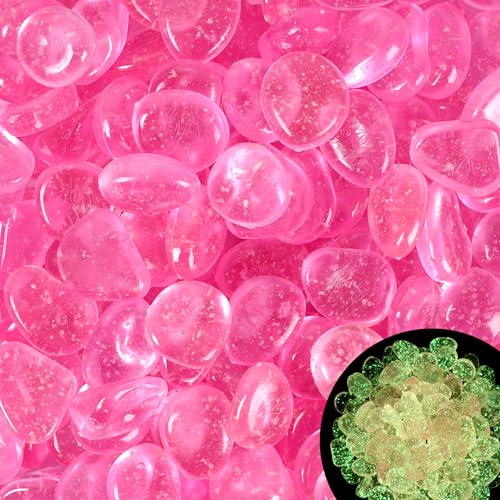 200PCS Sparkling Glow in The Dark Rocks Bling Glow in The Dark Pebbles Glow Stones for Walkway Driveway Garden Fish Tank Aquarium(Pink)