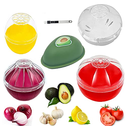 Onion Garlic Lemon Avocado Storage Keeper Holder for Fridge, Yamesu BPA Free Tomato Vegetable Shaped Food Saver Storage Containers, 5-piece Set Bundle with a Brush