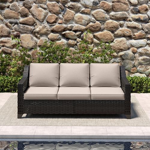 Image of 77'' Patio Sofa, All Weather Outdoor Rattan Wicker 3-Seat Sofa High Back Couch with Premium Cushions for Garden Backyard Porch(Brown /Beige) | Patio Couch with Olefin Removable Cushion, All-Weather Outdoor Sofa with Deep Seat for Porch, Deck and Backyard, Beige