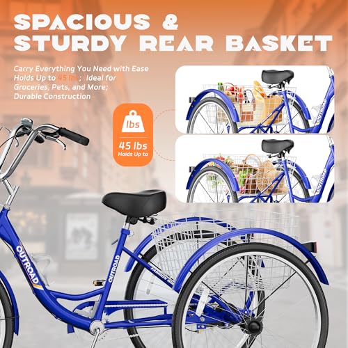 Image of Max4out Adult Tricycle with Large Basket 24 /26 Inch, Stable 3 Wheel Cruise Bicycle for Shopping, Beach and City Trike Perfect for Men, Women, Seniors(Blue /Purple /Red)