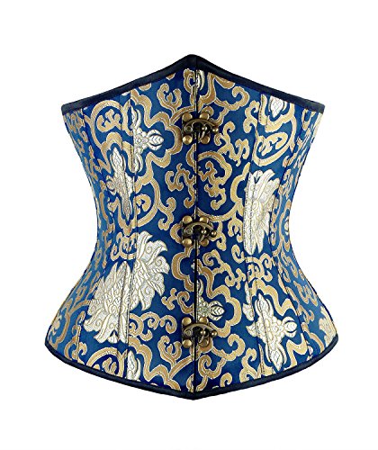 Kimring Women's Luxury Gold Jacquard Brocade Spiral Steel Boned Underbust Corset Blue X-Large #TOP23