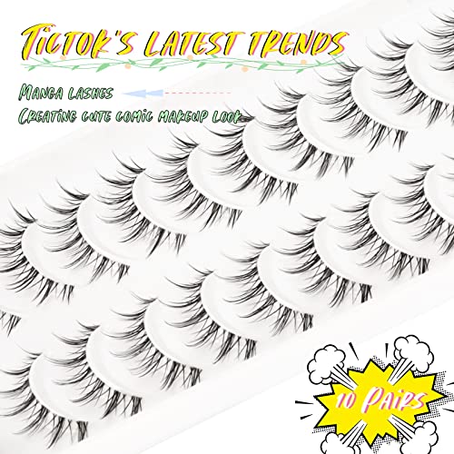 EMEDA Manga Lashes 10 Pair Natural Anime Eyelashes Transparent Band Reusable Black Synthetic Fiber False Eyelashes - Image 3