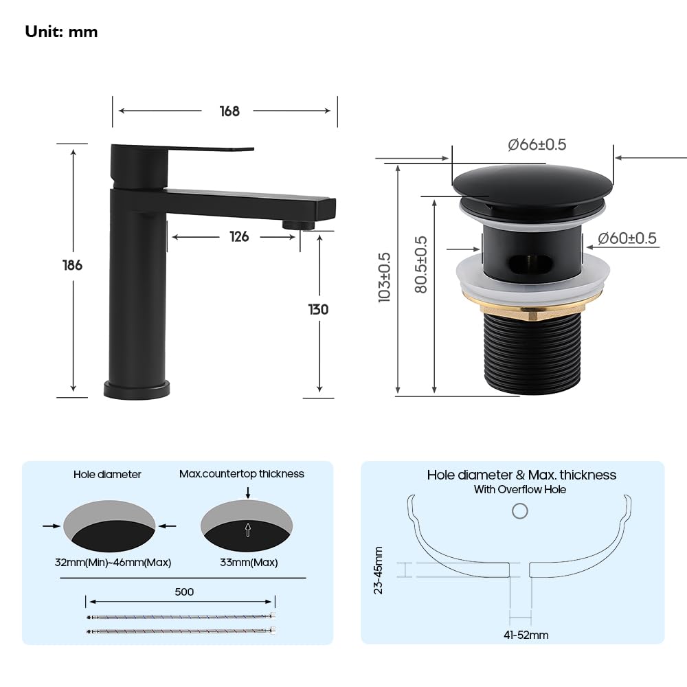 Decaura Grifo de baño con desagüe G1' 1/4 pop-up, pequeño grifo de lavabo con caño de altura 130 mm, grifo mezclador de acero inoxidable con desagüe (negro)