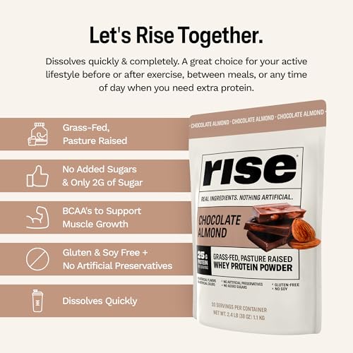 Image of Rise Grass-Fed Whey Protein Powder - Chocolate Almond | 25g Protein No Artificial Flavors, Colors, or Preservatives - Sugar Free, Gluten-Free, Soy Free (Single Serving, 1 Pack)