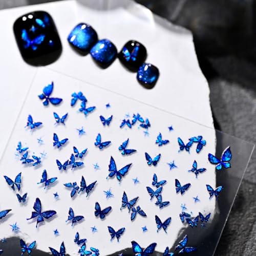 Image of Butterfly Nail Stickers Blue Nail Decals for Nails Art with Glitter Design Shiny Nail Art Stickers 5D Embossed Self Sdhesive for Women Girls Nails Decoration Accessories Supply
