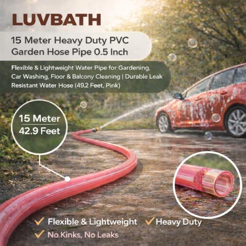 Image of LUVBATH 15 Meter Heavy Duty PVC Garden Hose Pipe 0.5 Inch | Flexible & Lightweight Water Pipe for Gardening, Car Washing, Floor & Balcony Cleaning | Durable Leak Resistant Water Hose (49.2 Feet, Pink)