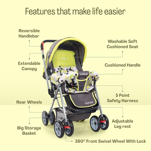Image of LuvLap Sunshine Baby Stroller /Pram for 0 to 3 Years, New Born /Toddler /Kid, 5 Point Safety Harness, Adjustable backrest, 360 Swivel Wheel, Large Storage Basket, Reversible Handlebar (Green)