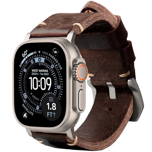ROBUST Genuine Leather Watch Band for Men - Compatible with Apple Watch Bands 49mm - Replacement Strap for iWatch Ultra 2/1 SE SE 2 Series 10 9 8 7 6 5 4 - Brown Leather With Natural Titanium Buckle