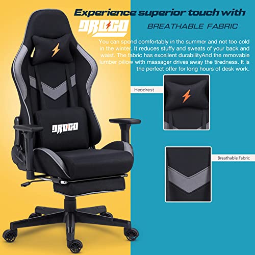 Image of Drogo Ergo Plus Ergonomic Gaming Chair with Footrest, Breathable Fabric, Adjustable Seat & 3D Armrest | Head & Massager Lumbar Support Pillow | Home & Office Chair with Full Recline Back (Pro Black)