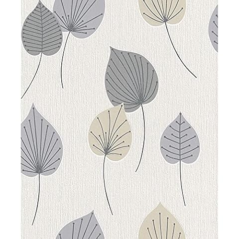 Rasch Vermont 308228 Retro Wallpaper with Vintage 70s Graphic Leaves Beige Grey Neutral Cover