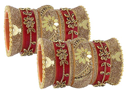 Image of NMII Traditional Gold Plated Acrylic Bangles Bridal Chuda Set For Women & Girls with Zircon Diamond & Pearls Beads Work | Royal Wedding Chudas | Premium Look | Bangles For Wedding, Festive, Function