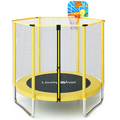 Lovely Snail 5FT Indoor Trampoline for Kids with Safety Enclosure Net Basketball Hoop, Mini Trampoline for Outdoor Family Backyard School Entertainment(Yellow)
