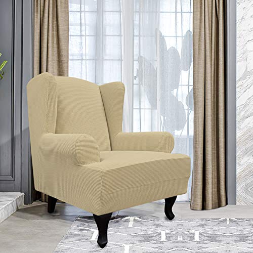 Image of Easy-Going Stretch Large Wingback Chair Sofa Slipcover Beige | 1-Piece Sofa Cover Furniture Protector Couch Soft with Bottom, Spandex Jacquard