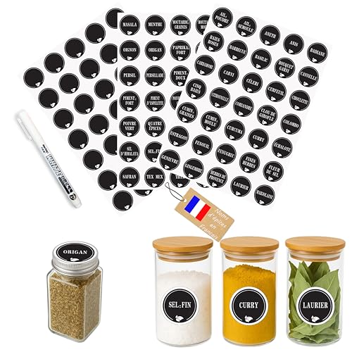 Étiquettes Épices Français Rondes – 105 Stickers Autocollants Noirs Ø38 mm – Marqueur Blanc Inclus – Pour Bocaux Cuisine, Étanches et Lisibles