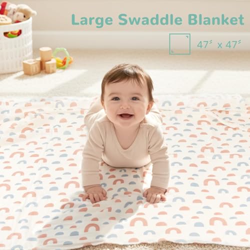 Image of HECCEI 3-Pack Muslin Baby Swaddle Blanket Bamboo Cotton 47 x 47 Inches | Soft Breathable Receiving Blanket Swaddles for Newborn Registry Gift for Baby Showers