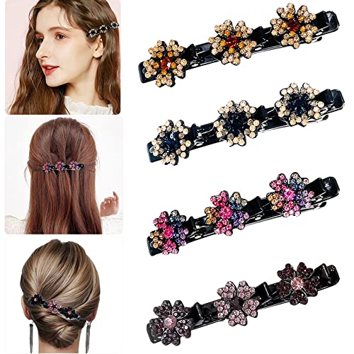 Lot de 4 Barrette à Cheveux Latérale à Trois Fleurs, Bandes de Cheveux en Tissu Satiné Barrette Cheveux Femme Latérale Pince À Cheveux en Strass Clover, Pour Les Dame, Enfant (D) Cover