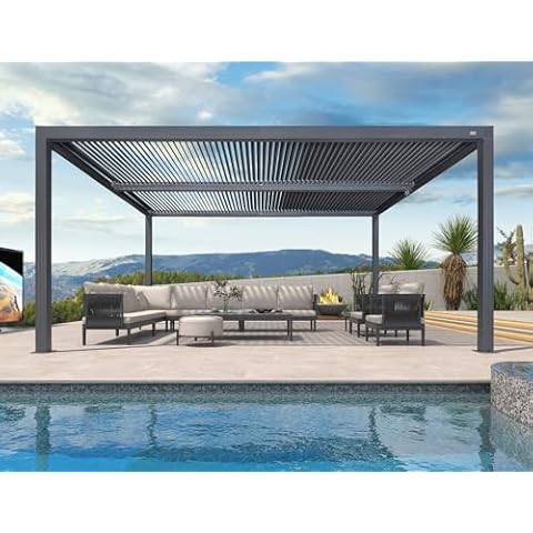 PURPLE LEAF Louvered Pergola 94AS 12' x 16' Outdoor Aluminum Pergola with Adjustable Roof for Deck Backyard Garden Grey Hardtop Gazebo Cover