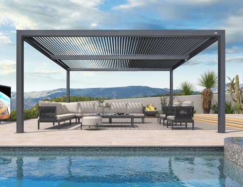 PURPLE LEAF Louvered Pergola 94AS 12' x 16' Outdoor Aluminum Pergola with Adjustable Roof for Deck Backyard Garden Grey Hardtop Gazebo